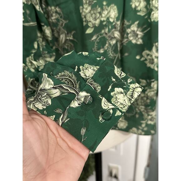 ALICE + OLIVIA ELOISE BUTTON-UP SILK BLOUSE CENTRAL PARK GREEN MULTI SIZE XS - Picture 8 of 9